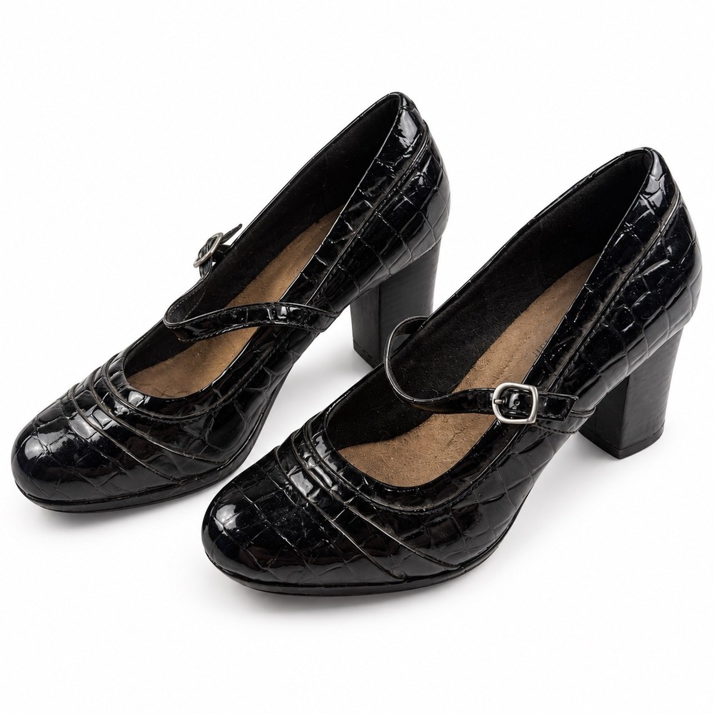 Clarks Collection Black Croc Patent Mary Jane Heels Pumps Women's Size 9